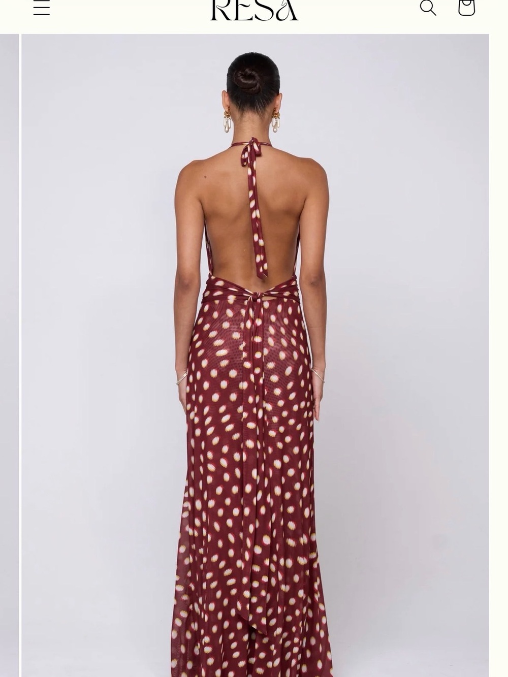 RESA Burgundy Halter Plunge Maxi with Cream Spot Print - Picture 2 of 7